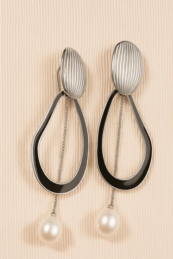 Long Silver 925 earrings with pearl and black ceramic