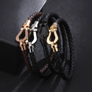 Style Geometric Stainless Steel Pu Leather Hollow Out Wristband